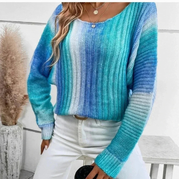 Mint Blue Preppy Womens Ombre Batwing Sleeve Sweater - Picture 1 of 5